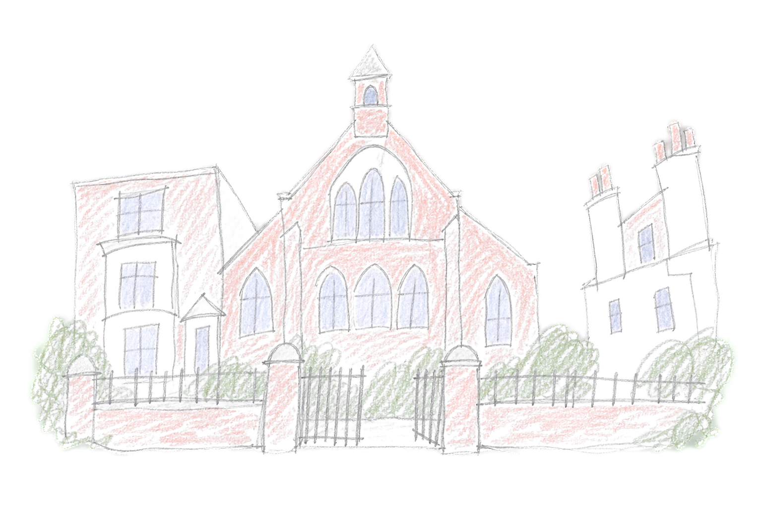 A child's crayon drawing of the masjid: the red brick chapel with its bell turret and arched windows, behind iron gates and green hedges, between two white houses